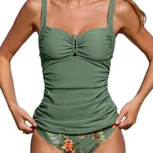 CUPSHE RUCHED OLIVE GREEN AND FLORAL DRAWSTRING TANKINI SWIMSUIT  SIZE XS NWT